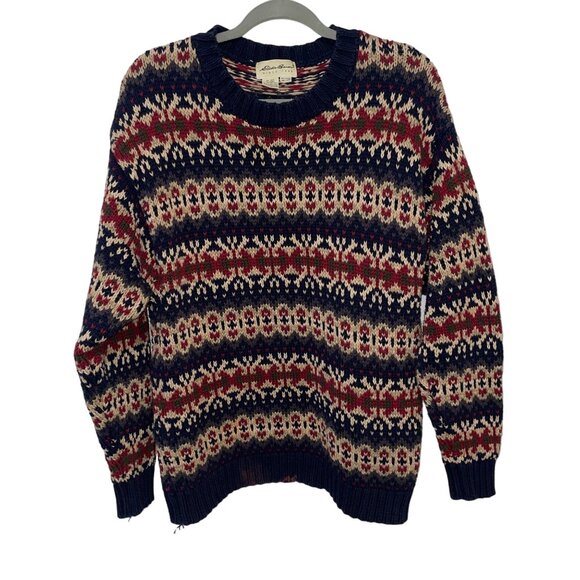 Vintage Eddie Bauer Mens XL Fair Isle Sweater Cotton Knit Red/Blue/Beige - Picture 1 of 6